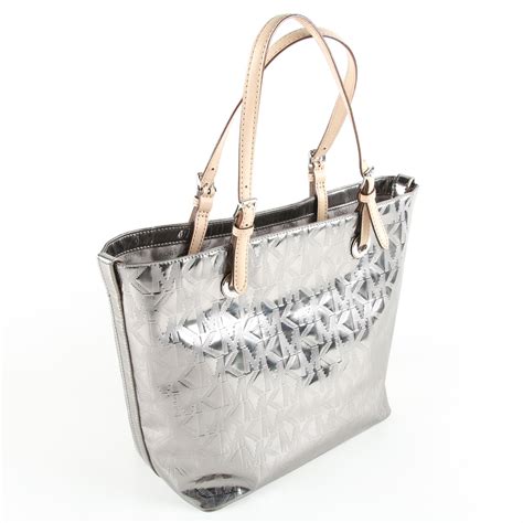 michael kors shiny silver tote|Michael Kors silver handbags sale.